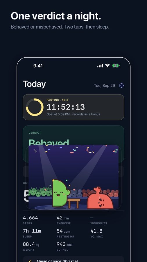 Behave or Misbehave Today screen with a fasting timer and the night's verdict